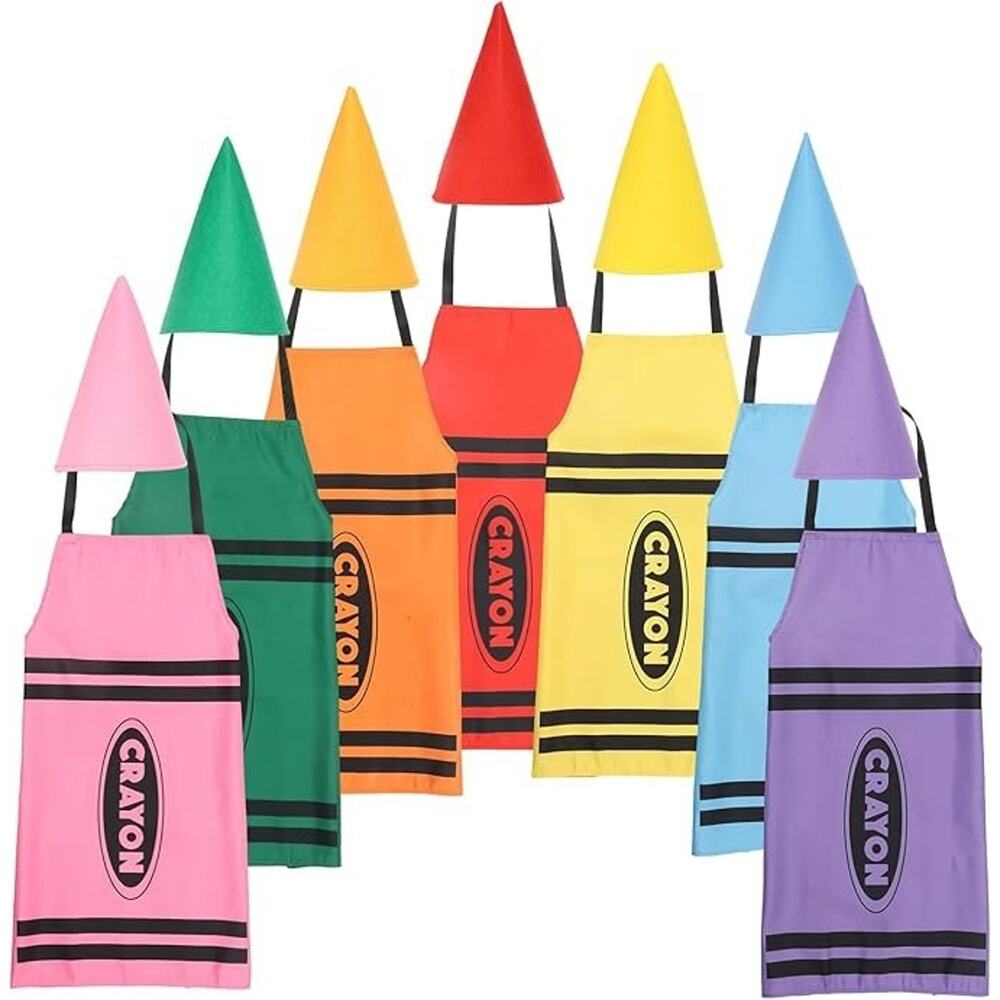 7 Set Crayon Costume for Adults, Color Crayon Apron and Cone Hats